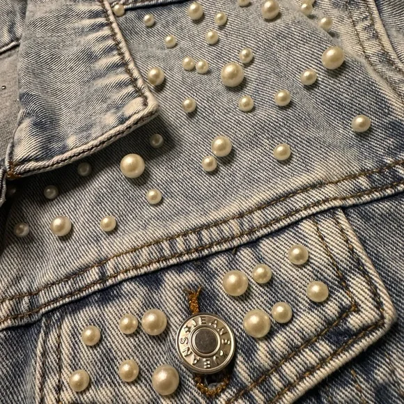 Women's Denim Jacket with Pearl Accents - Picture 3 of 5